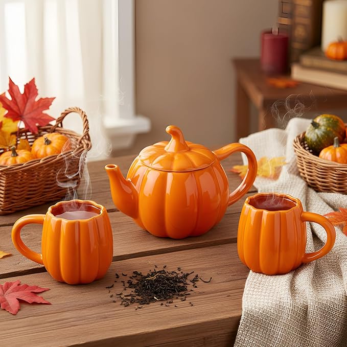 Mimorou Thanksgiving Pumpkin Tea Set Ceramic Teapot with 2 Mugs and Tea Mug Orange Ceramic Pumpkin Shaped Teapot Set for Thanksgiving Halloween Christmas Birthday Gift - Bloomnest