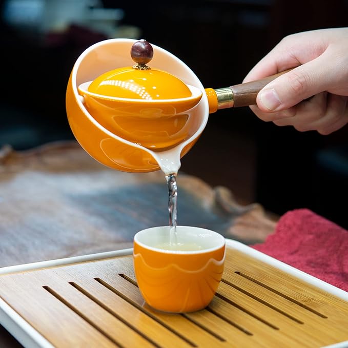 LURRIER Porcelain Chinese Gongfu Tea Set,Portable Teapot Set with 360 Rotation Tea maker and Infuser,Portable All in One Gift Bag for Travel,Home,Gifting,Outdoor and Office(Orange) - Bloomnest