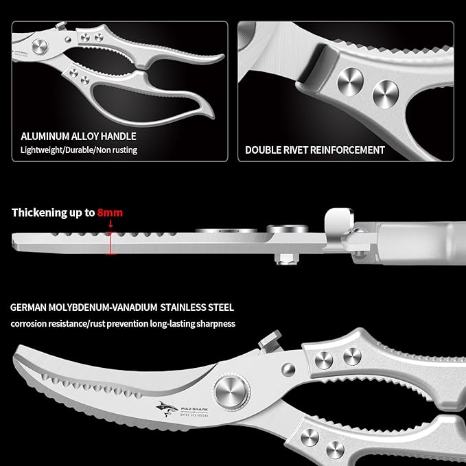 MAD SHARK Heavy Duty Poultry Shears, Kitchen Shears with Non-Slip Handle & Safety Lock, All Purpose Kitchen Scissors for Chicken, Meat Cutting, Turkey, Fish, Vegetables, Spring Loaded, Dishwasher Safe - Bloomnest
