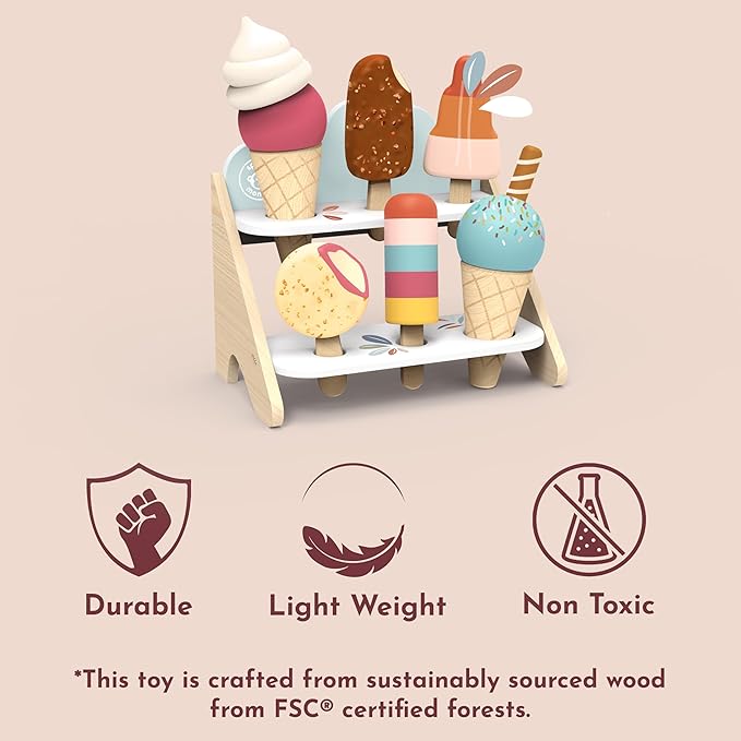 SPEEDY MONKEY Wooden Ice Cream Shop Playset – FSC Certified Pretend Dessert Stand for Kids, Role Play Popsicle Toy Counter, Cones & Scoops Cart, Sweet Treat Ice Cream Parlour for Toddler, Boys & Girls - Bloomnest