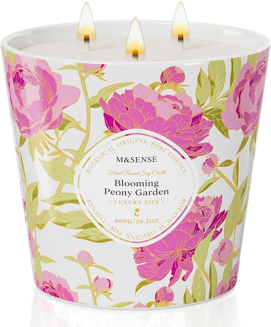 M&SENSE Blooming Peony Scented Candle, 28.2oz 3 Wick Natural Soy Wax Large Candles, Long Lasting Clean Slow Burning No Toxic Décor for Home Relaxation, Romantic Dates & Gift-Giving - Bloomnest