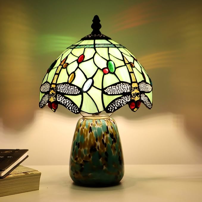 Tiffany Mushroom Table Lamp Dragonfly Style Grass Green Stained Glass Accent Lamp Brown Blue Glass Base 8X8X12 Inch - Bloomnest