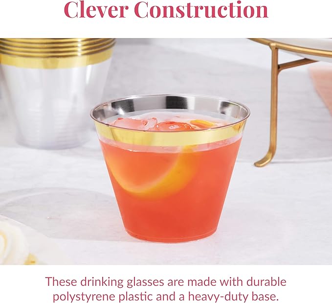 Prestee Hard Disposable Cups - Heavy Duty Fancy Plastic Cups - Plastic Cocktail Drinkware - Disposable Drinking Cup 9 oz - Bulk Drinking Glasses for Wedding - 200ct Gold Tumblers - Bloomnest