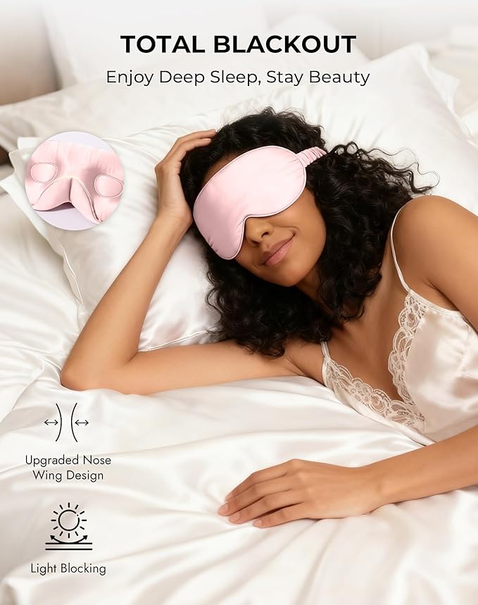 SilkSilky 100% 22 Momme Mulberry Silk Sleep Mask – Upgraded 3D Contoured Eye Mask with Nose Wing Pads & Adjustable Strap, Luxury Blackout Eye Cover for Women & Men (Pink) - Bloomnest