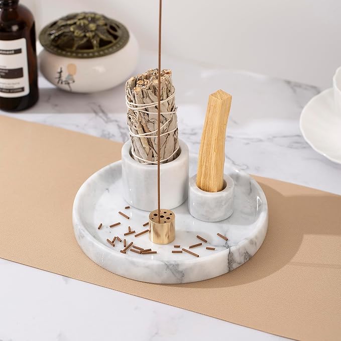 4 in 1 Marble Incense Holder, Natural Marble Incense Burner for Meditation, 9 Incense Holes Suitable for Most Incense Types (White) - Bloomnest