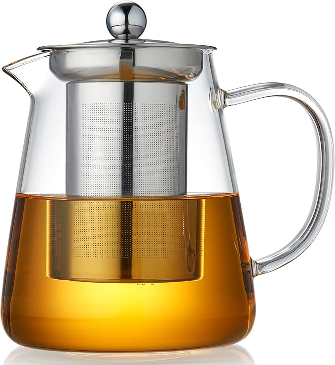 Glass Tea Pot 950ML, Borosilicate Glass Tea Kettle with Detachable Stainless Steel Infuser, Clear Teapot for Loose Leaf Tea, Blooming Tea, Tea bags 32oz - Bloomnest