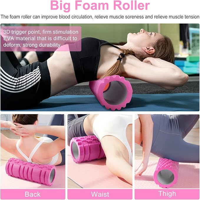 5 in 1 Foam Roller Set Includes Hollow Core Massage Roller, Yoga Stick, Massage Ball, Fitness Stretching Strap, Carrying Bag, Towel, Massage Roller (Pink) - Bloomnest