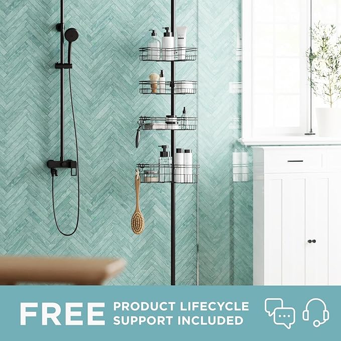 Zenna Home Tension Pole Shower Caddy Corner Organizer, Adjustable Standing Shower Caddy with 4 L-shaped Baskets and Hooks, Rust Resistant Bathroom Tension Rod Organizer, 60 to 97 Inch, Bronze - Bloomnest