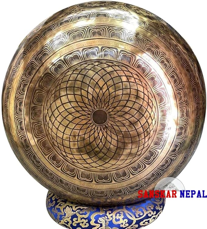 Large Singing Bowl - 19 Inches in Diameter - Buddha's Feet Etched by Artisans from Nepal - For Healing, Sound Bath, Yoga, Relaxation, and Meditation Gold