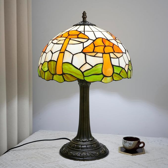 uniquel Vintage Orange mushroom Tiffany lamps Retro Style Stained Glass Table Lamp Cute Aesthetic Bedside Lamp for Bedroom nightstand Night Stand Lighting reading cottage decor desk lamp 12 inch E26 - Bloomnest