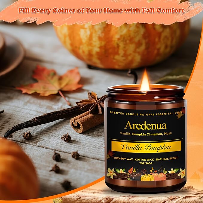 Fall Candles | Vanilla Pumpkin Scented Candle - Scented Candles for Autumn, 7oz Autumn Soy Candle with 50hr Burn Time, Holiday Thanksgiving Fall Gifts for Women Men - Bloomnest