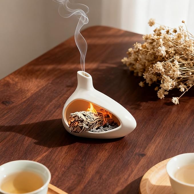 Palo Santo Holder, Ceramic Incense Burner for Sticks Sage Holders Cone Burning Smudge Bowl with Ash Brush for Meditation Yoga Spa Room Decor (White) - Bloomnest