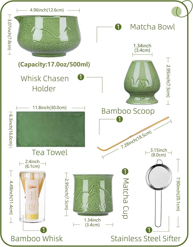 ZENS Matcha Whisk Set, 17oz Ceramic Matcha Set Includes Matcha Bowl and Matcha Cup, Bamboo Whisk & Chasen Holder, Sifter, Scoop & Tea Towel, 7pcs Matcha Kit for Matcha Latte, Emerald Green - Bloomnest
