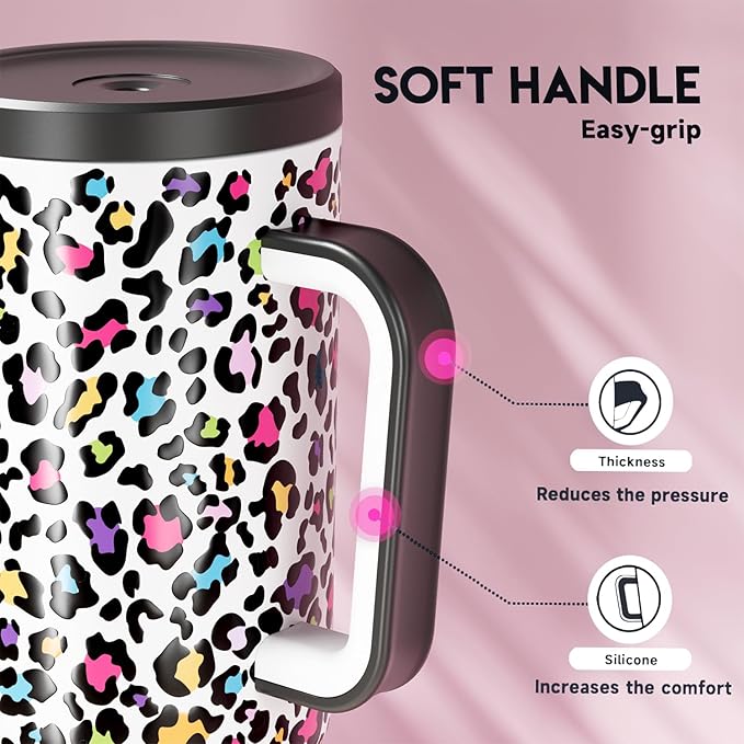 Meoky 40 oz Tumbler with Handle and Straw, Tumbler with Lid and Straw, Insulated Stainless Steel Travel Mug, 100% Leak-proof, Keeps Cold for 34 Hours or Hot for 10 Hours (Neon Leopard) - Bloomnest