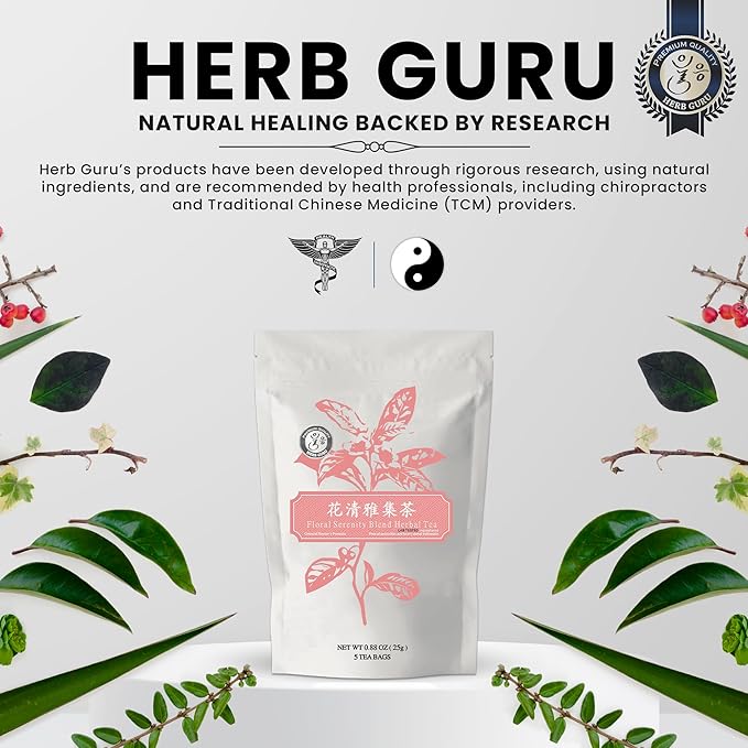 Herb Guru Floral Serenity Blend Herbal Tea, natural Herbal With Rose, Honeysuckle, Chrysanthemum, and Licorice Root, Herb Infusion & Relaxing Beverage, Includes 5 natural Tea Bags for Mindful Sipping