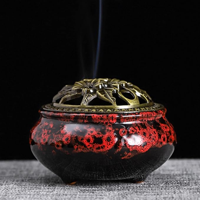 Ceramic Incense Burner with Lid, Bowl Burner， Cone Incense Burner, Ceramic Censer Suitable for Incense/Cone/Coil/Sticks, There are 30 Incense Cones+ Metal Incense Holder+Fireproof Cotton Inside. - Bloomnest