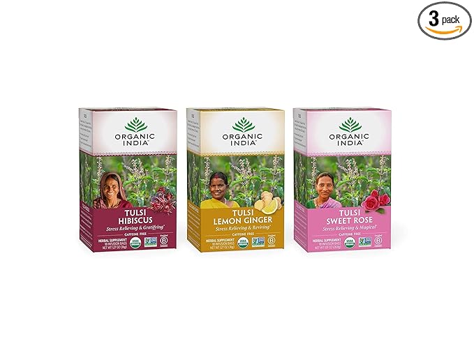 Organic India Iced Tulsi Tea Bags Variety Pack - Assorted Tea, Holy Basil, Hibiscus, Lemon Ginger, Sweet Rose - Adaptogen, Vegan, USDA Certified Organic, Non-GMO - 18 Infusion Bags per Box (Pack of 3) - Bloomnest