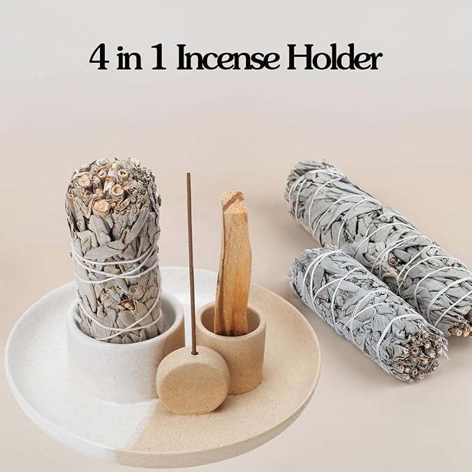 4 in 1 Incense Holder, Ceramic Incense Stick and Palo Santo Holder,Sage Holder for Burning- 5.5" Ceramic Ash Catcher Tray for Meditation and Yoga Room (White Sand) - Bloomnest