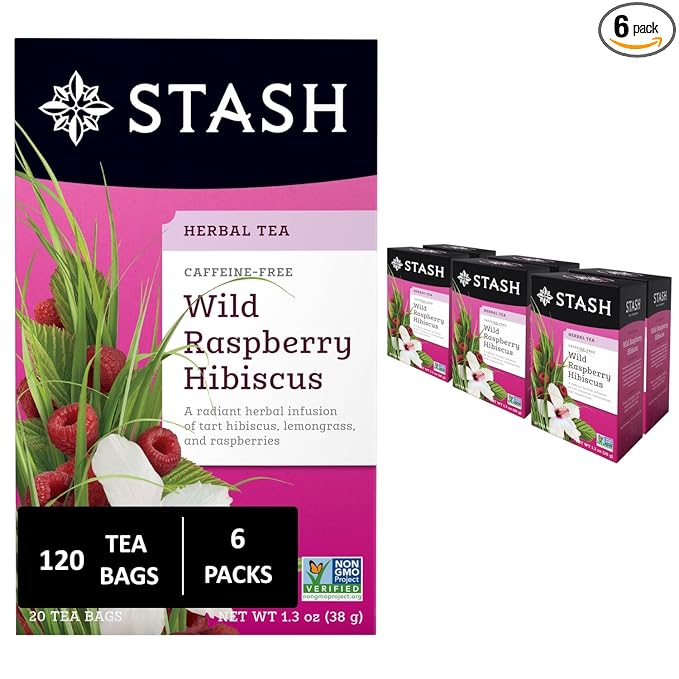 Stash Tea Wild Raspberry Hibiscus Herbal Tea - Naturally Caffeine Free, Non-GMO Project Verified Premium Tea with No Artificial Ingredients, 20 Count (Pack of 6) - 120 Bags Total - Bloomnest