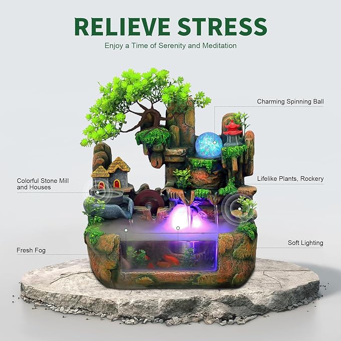 Waterfountain Indoors Rockery Fountain Goldfish Waterfall Desktop 12LED Decorat Tabletop Rockery Fountai Atomizing Humidifier Small Waterfall for Home Office Bedroom Relaxation US Plug 110V - Bloomnest