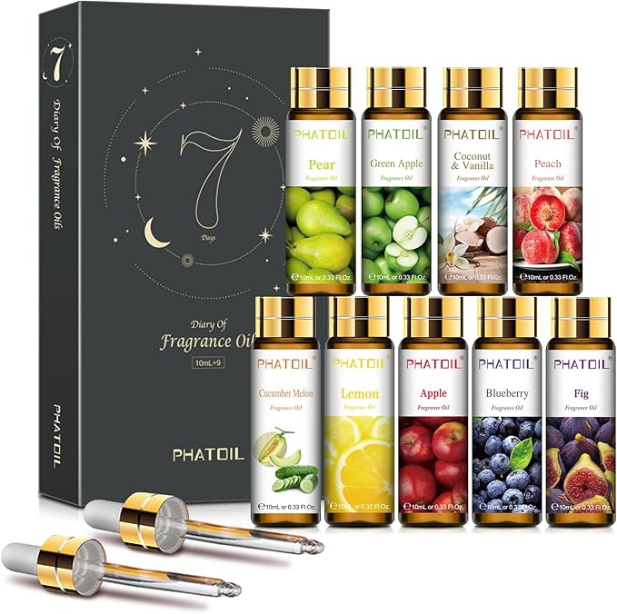 PHATOIL 9PCS Fruit Fragrance Oil Set for Soap Making Diffusers, 10ml/0.33fl.oz Cucumber Melon, Coconut & Vanilla, Peach, Pear, Green Apple, Blueberry, Apple, Fig, Lemon Fragrance Oil Essential Oils - Bloomnest