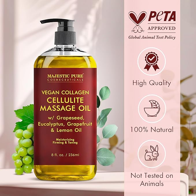 Majestic Pure Anti Cellulite Massage Oil for Massage Therapy - Refreshing, and Relaxing - Natural Oils with Vegan Collagen, Stem Cells & Cellulite Cream - All Skin Types - Men and Women - 8 fl oz - Bloomnest