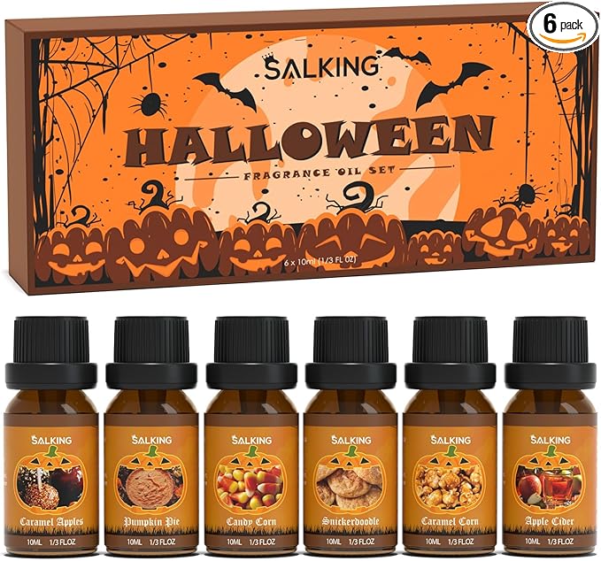 SALKING Halloween Fragrance Oils, Premium Essential Oils for Diffuser, Scented Oils Gift Set for Soap Candle Making - Pumpkin Pie,Caramel Apples,Candy Corn, Snickerdoodle, Caramel Corn, Apple Cider - Bloomnest