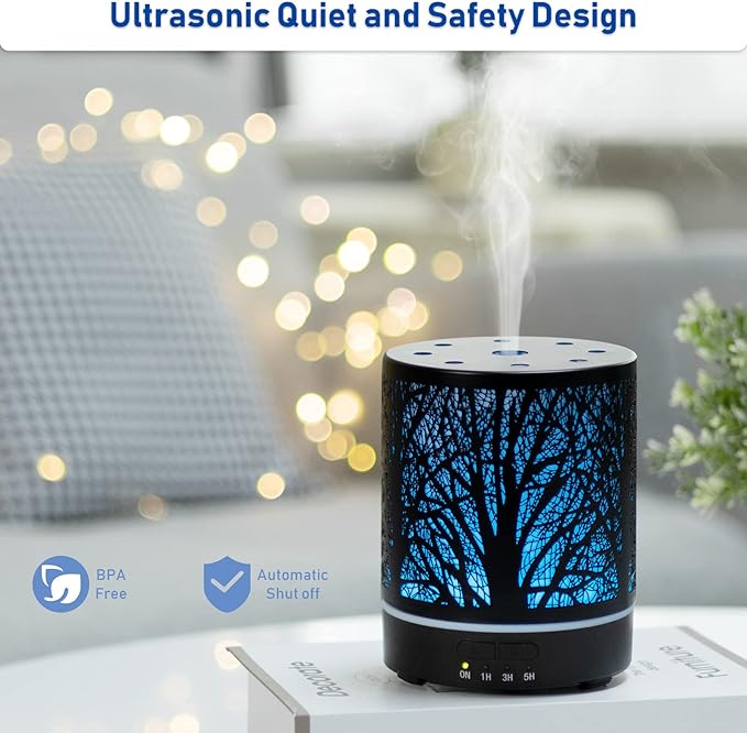 Essential Oil Diffuser Aromatherapy Diffuser -300ml Metal Electric Ultrasonic Oil Diffuser for Large Room with Auto Shut-Off Protection, 4 Timer Setting &7 Colors Night Light for Home (Tree-300ML) - Bloomnest