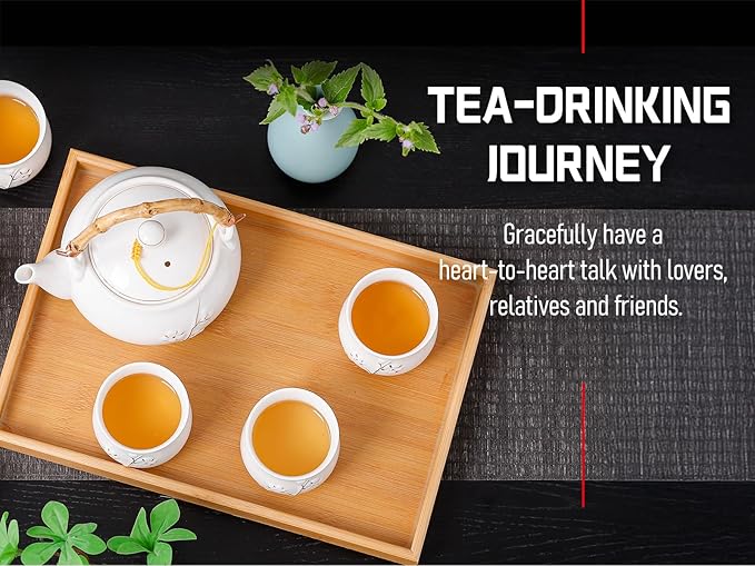 Japanese Tea Set, White Porcelain tea set with 1 Teapot(23 oz/660ml), 6 Tea cups(5.3 oz/150ml), 1 Tea Tray, Golden plum blossom relief, Asian tea sets for adults (Golden plum-White) - Bloomnest