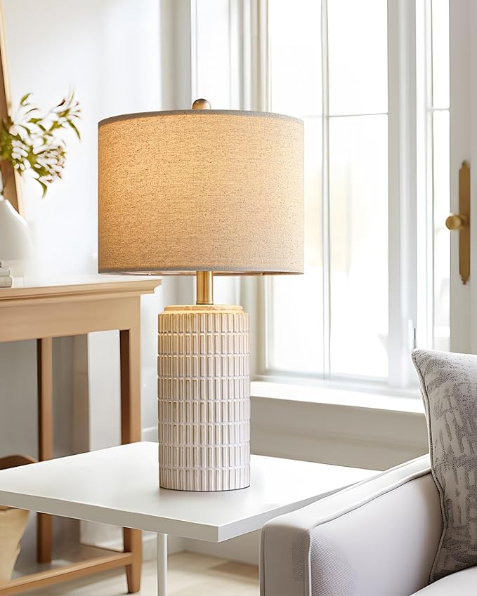 PoKat 23'' Bedside Table Lamp for Bedroom Nightstands, Ceramic Lamp for Living Room, White Night Stand Light with Round Linen Shade, Modern, Silver - Bloomnest