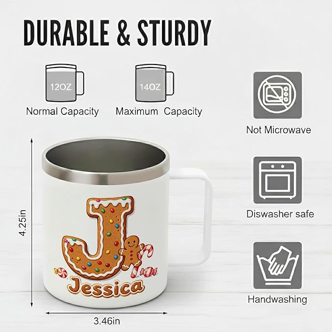 Personalized Christmas Mug | Custom Gingerbread Initial Insulated Coffee Cup with Handle & Lid | 12oz Holiday Tumbler, Cute Stocking Stuffer Gift for Women & Kids (B01) - Bloomnest