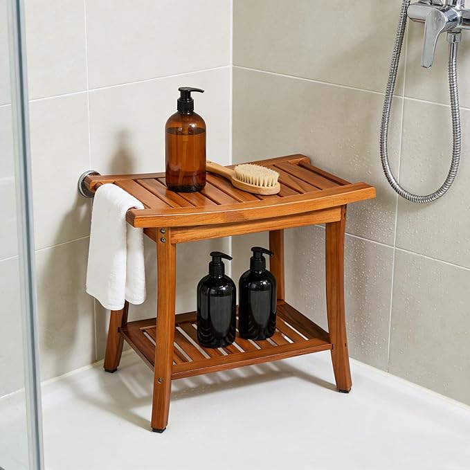 Utoplike Teak Shower Bench Seat with Handles, Portable Wooden Spa Bathing Stool with Storage Towel Shelf, 22" x 13" x 18.6", Perfect for Indoor and Outdoor Use - Bloomnest