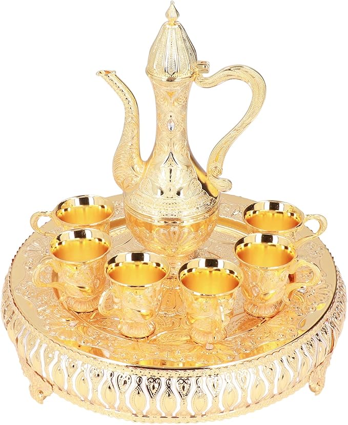 Alvinlite Vintage Small Turkish Coffee Pot Set, Turkish Tea Set with 6 Coffee Cups, Gold Wine Carafe and Glasses Set, Tiny Turkish Copper Coffee Cup Set for Home Tea Party 5.11 * 8.46inch(W*H) - Bloomnest
