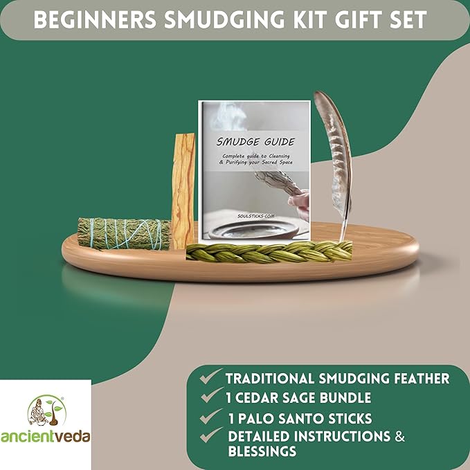 Ancient VEDA Sage Smudge Kit | Cedar, Sweetgrass, & Palo Santo Sticks Smudging Kit for Meditation, Yoga, Reiki, Home Cleansing, & Aromatherapy (Starter Kit, Cedar Sage)