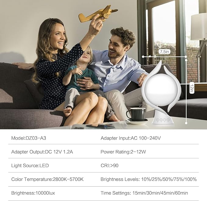 Voraiya Light Therapy Lamp 10000 Lux, UV-Free Therapy Light with 5 Brightness, 3 Color Temperature, 4 Timer, Memory Function, Full Spectrum, Bright Seasonal Sun Light Lamp for Bedroom, Office - Bloomnest