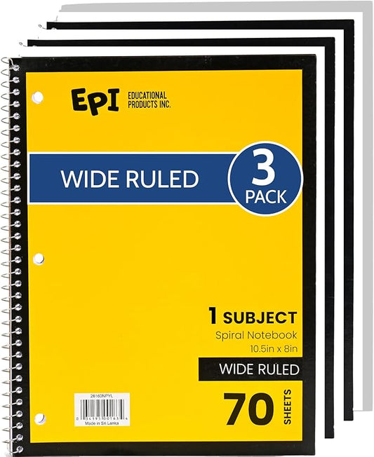 EPI Spiral Notebook | Wide - 70 Sheets, Durable Spiral Binding | 10.5 x 8 in | Classroom Supplies | School, Office, Note Taking, Journaling - 3 Pack - Bloomnest
