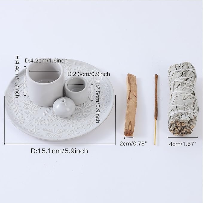 5 in 1 Incense Holder Burner, 5.9" Ceramic Holder for Burning Palo Santo Sage Candle and Incense Sticks Cones, Ash Catcher Tray for Meditation Room Home Décor(White) - Bloomnest