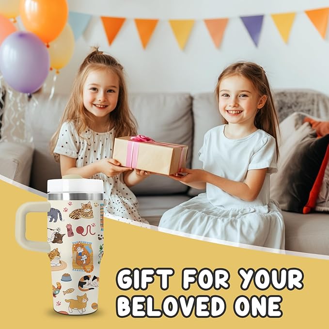 Cat Gifts for Girls - 14oz Cute Cats Kids Tumbler with Handle and Straw, Stainless Steel Insulated Water Cup, Leak Proof, for Sport, School, Travel - Funny Cat Lovers Children Birthday Gifts Cups(1pc) - Bloomnest