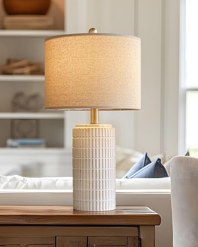 PoKat 23'' Bedside Table Lamp for Bedroom Nightstands, Ceramic Lamp for Living Room, White Night Stand Light with Round Linen Shade, Modern, Silver - Bloomnest