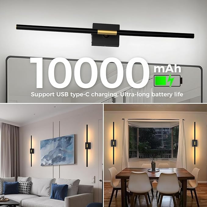 Battery Operated Wall Sconces Set of 2: 10000mAh Rechargeable Wall Lights with Remote Control, 360° Rotate Wireless Wall Scone Decor for TV/Mirror Bedroom Living Room, 31.5 Inch, Black - Bloomnest