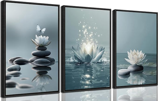 3Pcs Framed Zen Stones Lotus Spa Canvas Wall Art White Lotus Blooming on Stones Painting Picture Wall Decor Modern Spiritual Poster Print Artwork for Yoga Spa Meditation Spiritual Room Home Decoration - Bloomnest