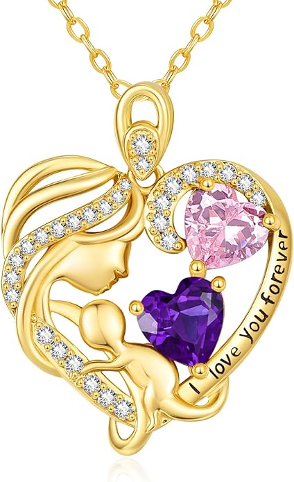 14K Gold Double Birthstone Heart Necklace for Women Mom, Mother Son/Daughter Pendant Necklace for Christmas Mother's Day Birthday Gifts for Wife Daughter Grandmom - Bloomnest