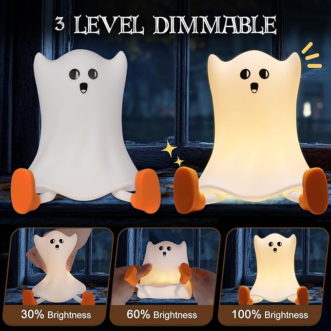 Ghost Night Light Silicone Cute Halloween Ghost Decor Night Light for Breastfeeding Squishy Ghost Nightlight Cordless Rechargeable Dimmable Touch Fun Bedside Light Lamp for Halloween Gifts - Bloomnest