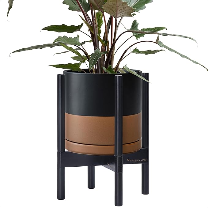 D'vine Dev Ceramic Planter with Ebony Stand - 10 Inch Modern Round Flower Pot with Wood Planter Holder, Black/Speckled Tan, 55-B-L-7 - Bloomnest