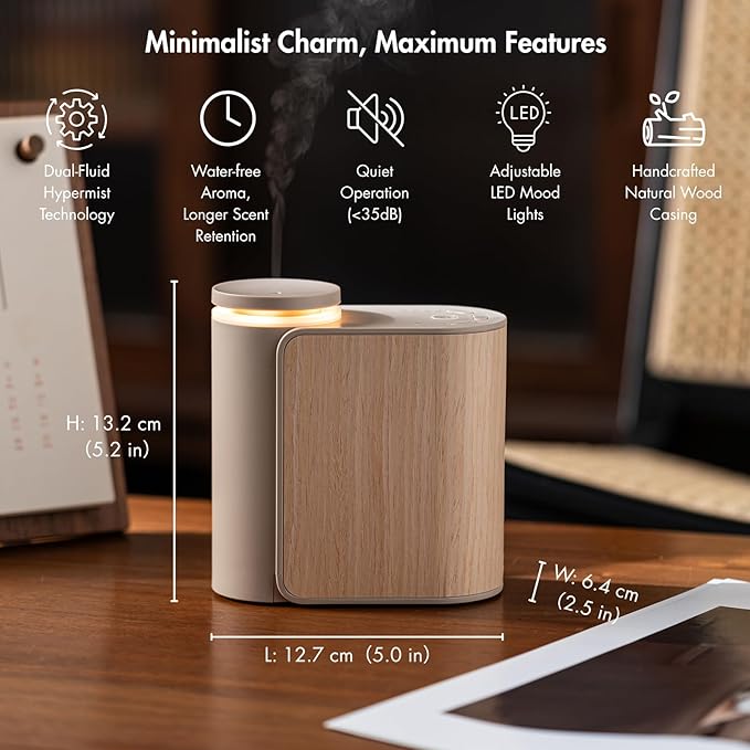 ZMARKRAFT® Waterless Essential Oil Diffuser w Solid Wood Cover 3 Timers 2 Mist Modes, Auto-Off Quiet Dual Fluid Aroma Diffuser, Portable Waterless Scent Diffuser w Lights, Room Decor Aromatherapy Gift - Bloomnest