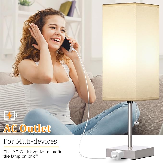 Table Lamp for Bedroom set of 2,3-Color Bedside Lamps with Pull Chain Table Lamps for Nightstand with AC Outlets,18'' Night Light Lamps with 2 Bulbs Lamps for Living Room Kids Office Decor（Nickel） - Bloomnest