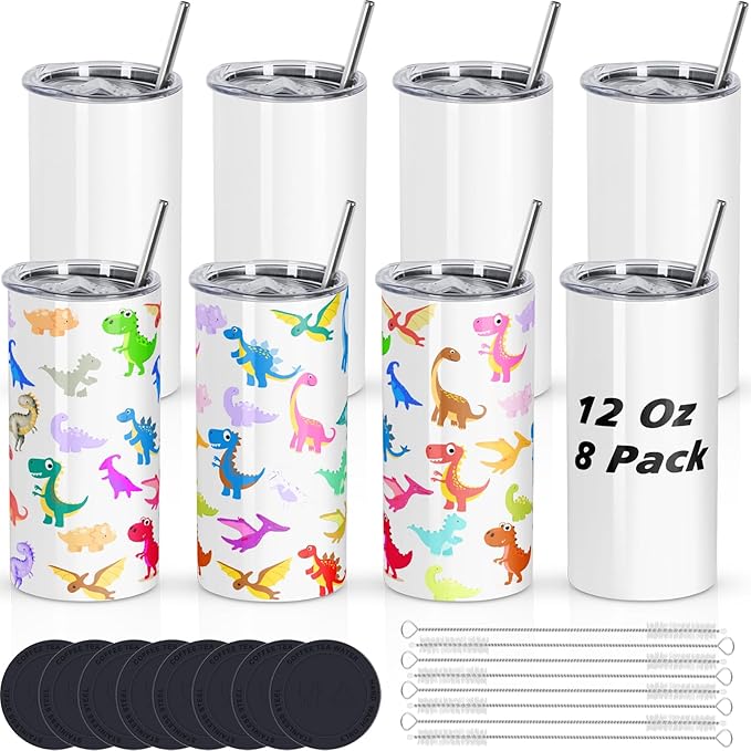 12 Oz Sublimation Tumblers Blanks Bulk, Double Wall Insulated Sublimation Mugs with Straw and Brush, Individually Boxed (8 Pack) - Bloomnest