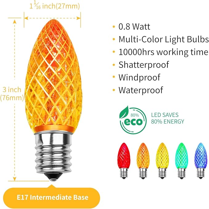 Meconard C9 Led Replacement Christmas Light Bulbs, C9 Shatterproof Led Bulbs for Christmas Indoor Outdoor String Lights, E17 Intermediate Base, Commercial Grade Holiday Bulbs, Multi-Color, 25Pack - Bloomnest