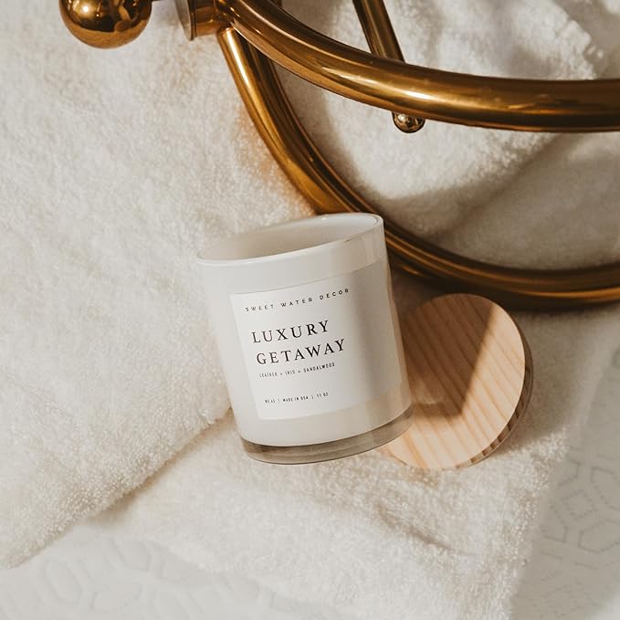 Sweet Water Decor Luxury Getaway Scented Candles - Soy Candles with Lemon, Cedarwood, Cinnamon, Vetiver, Amber & Musk Home Scent - Candle Wax with 50 Hours Burn Time - 11Oz Wood Lid White Jar Candles - Bloomnest