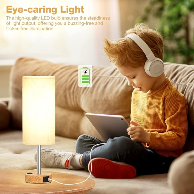 Fenmzee Bedside Table Lamp for Bedroom - 3 Way Dimmable Touch Lamp USB C Charging Ports and AC Outlet, Small Lamp Wood Base Round Flaxen Fabric Shade for Living Room, Desk, LED Bulb Included - Bloomnest